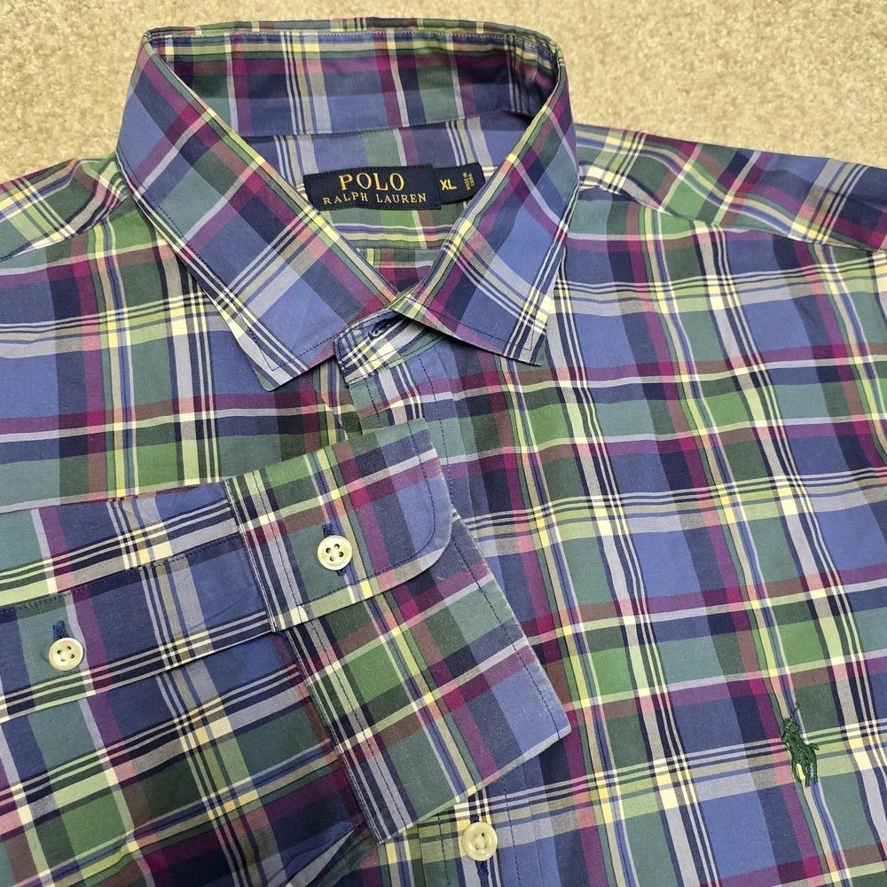 Polo Ralph Lauren Classic Fit Plaid Oxford Button-Down Shirt Men's XL Blue Green